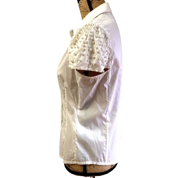 Zucchero Womens Shirt SZ 38/M White Pearls Embellished Cap Sleeves Snap Buttons - Picture 4 of 13